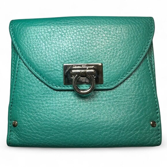 Salvatore Ferragamo Turquoise Leather Bi-Fold Compact Wallet - Picture 1 of 16